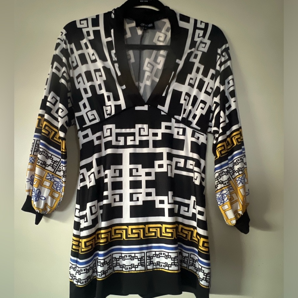 Analili Black & White Geometric Long Sleeve blouse with Gold & Blue Accents
